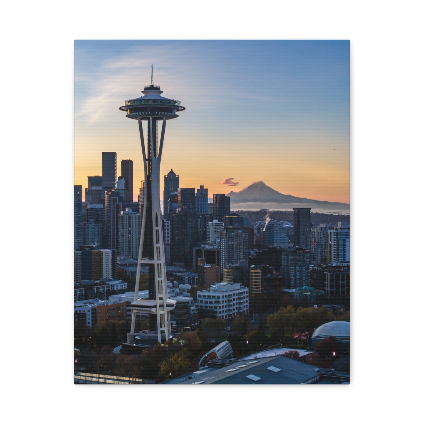 Seattle Space Needle & Mt. Rainier Sunrise Matte Canvas (Stretched 1.25")