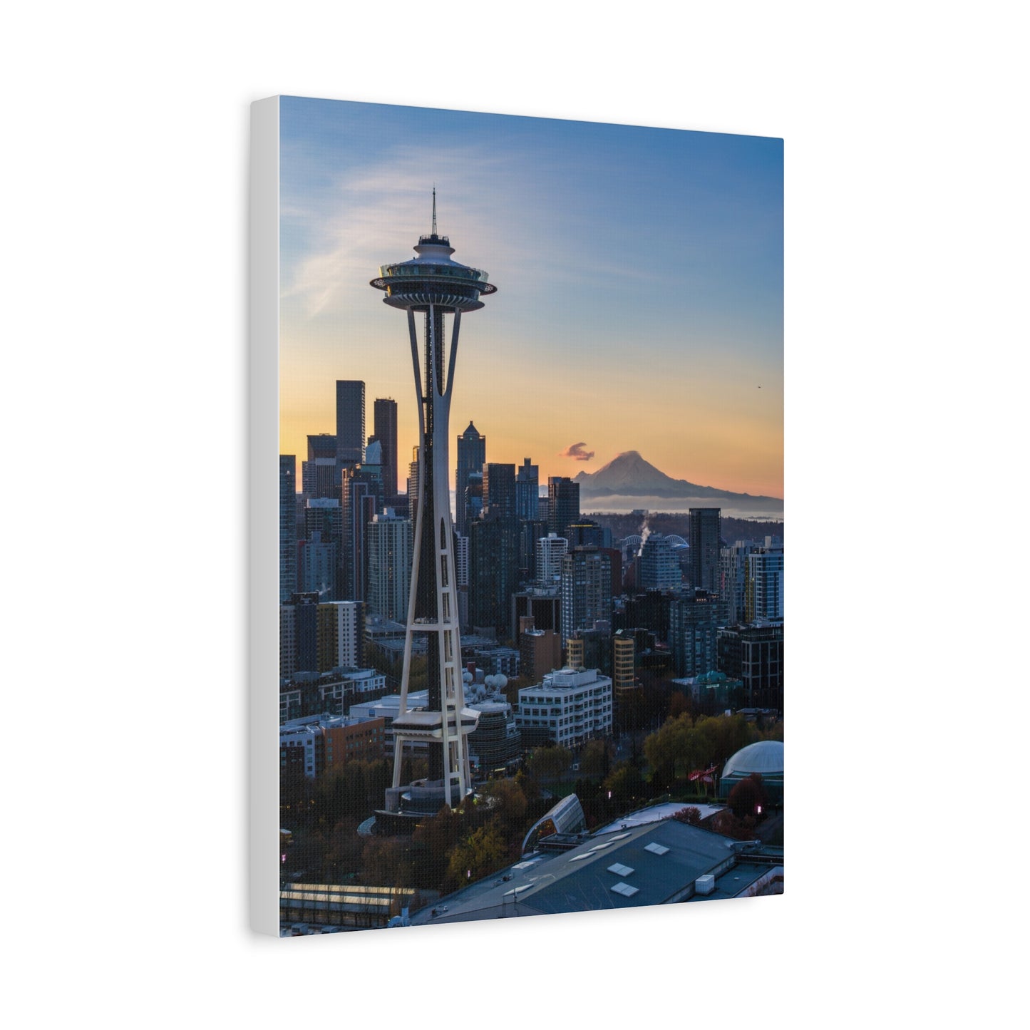 Seattle Space Needle & Mt. Rainier Sunrise Matte Canvas (Stretched 1.25")
