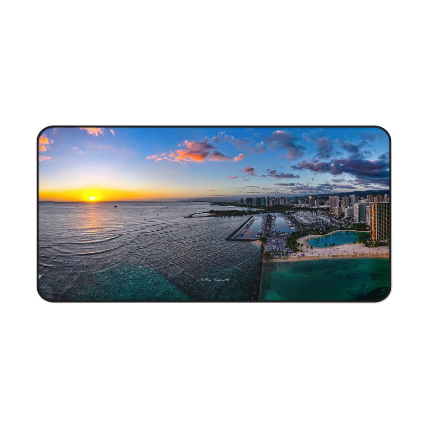 Panoramic View of Waikiki Sunset Desk Mat