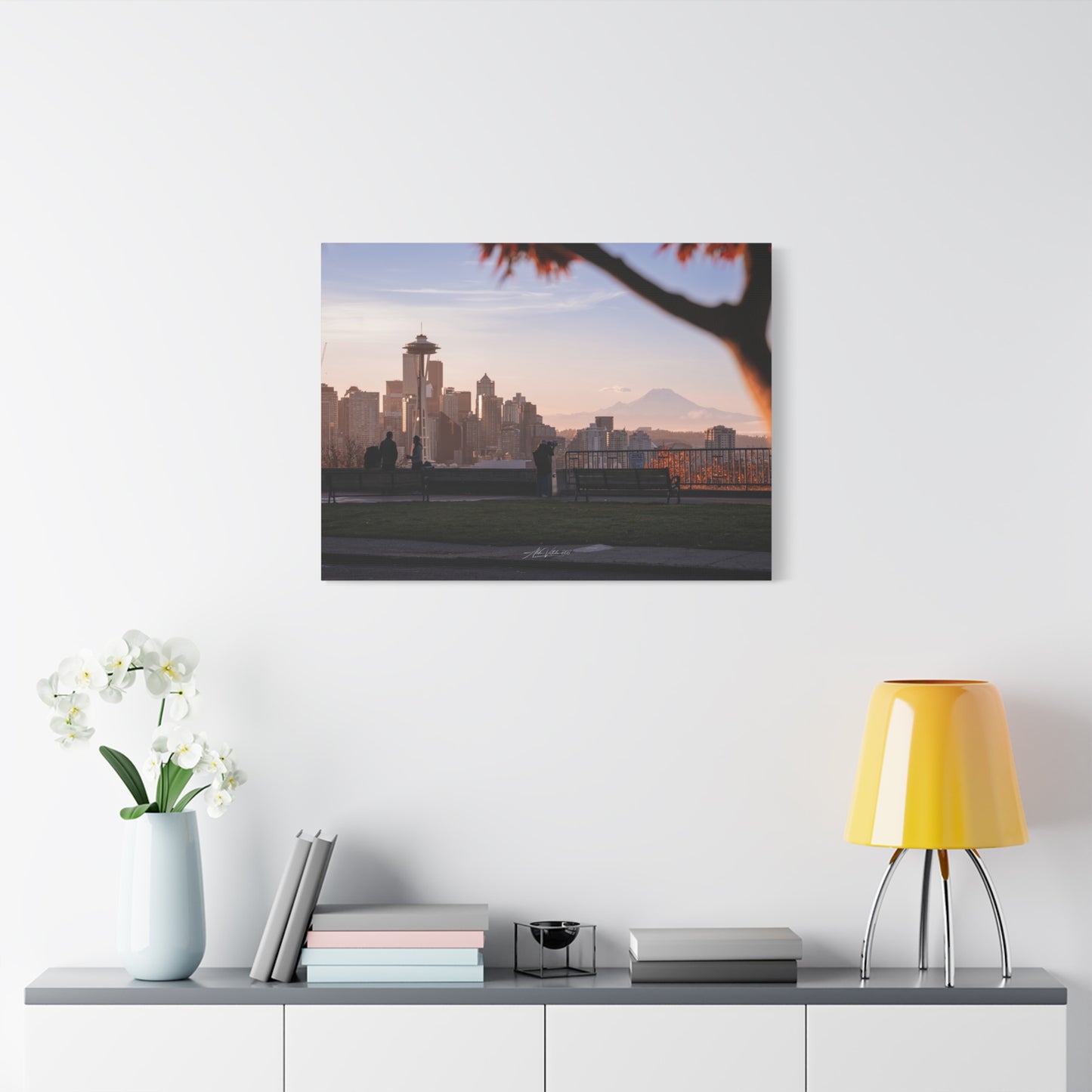 Seattle Cityscape Matte Canvas Print — Kerry Park Fall Golden Glow with Mt. Rainier & Space Needle (Stretched 1.25")