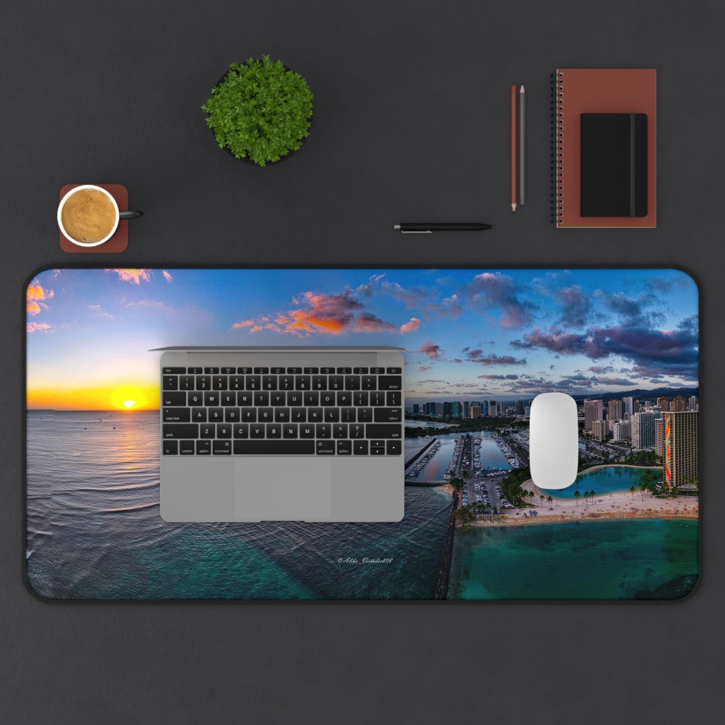 Panoramic View of Waikiki Sunset Desk Mat