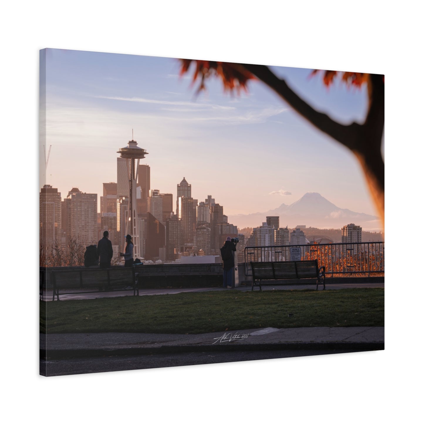 Seattle Cityscape Matte Canvas Print — Kerry Park Fall Golden Glow with Mt. Rainier & Space Needle (Stretched 1.25")