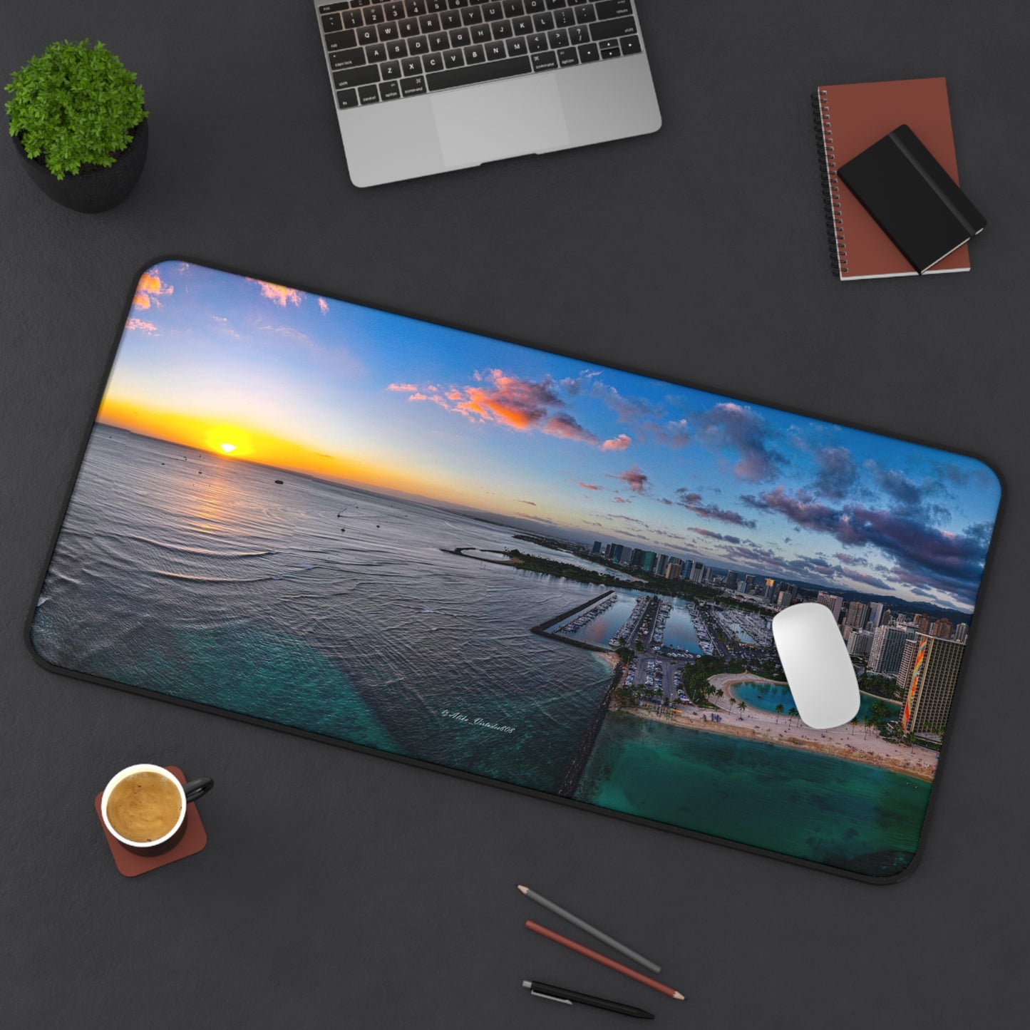 Panoramic View of Waikiki Sunset Desk Mat