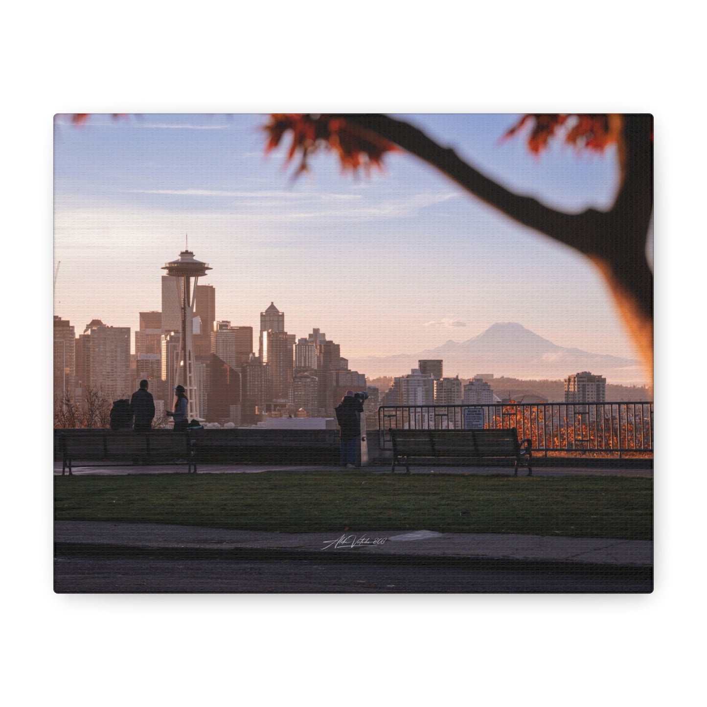 Seattle Cityscape Matte Canvas Print — Kerry Park Fall Golden Glow with Mt. Rainier & Space Needle (Stretched 1.25")