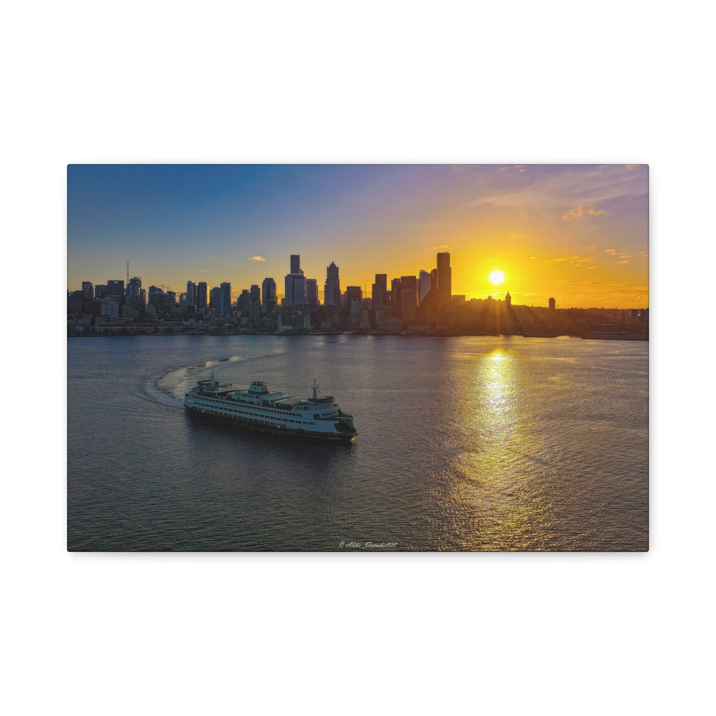 Sunrise Over Downtown Seattle and Seattle Ferry