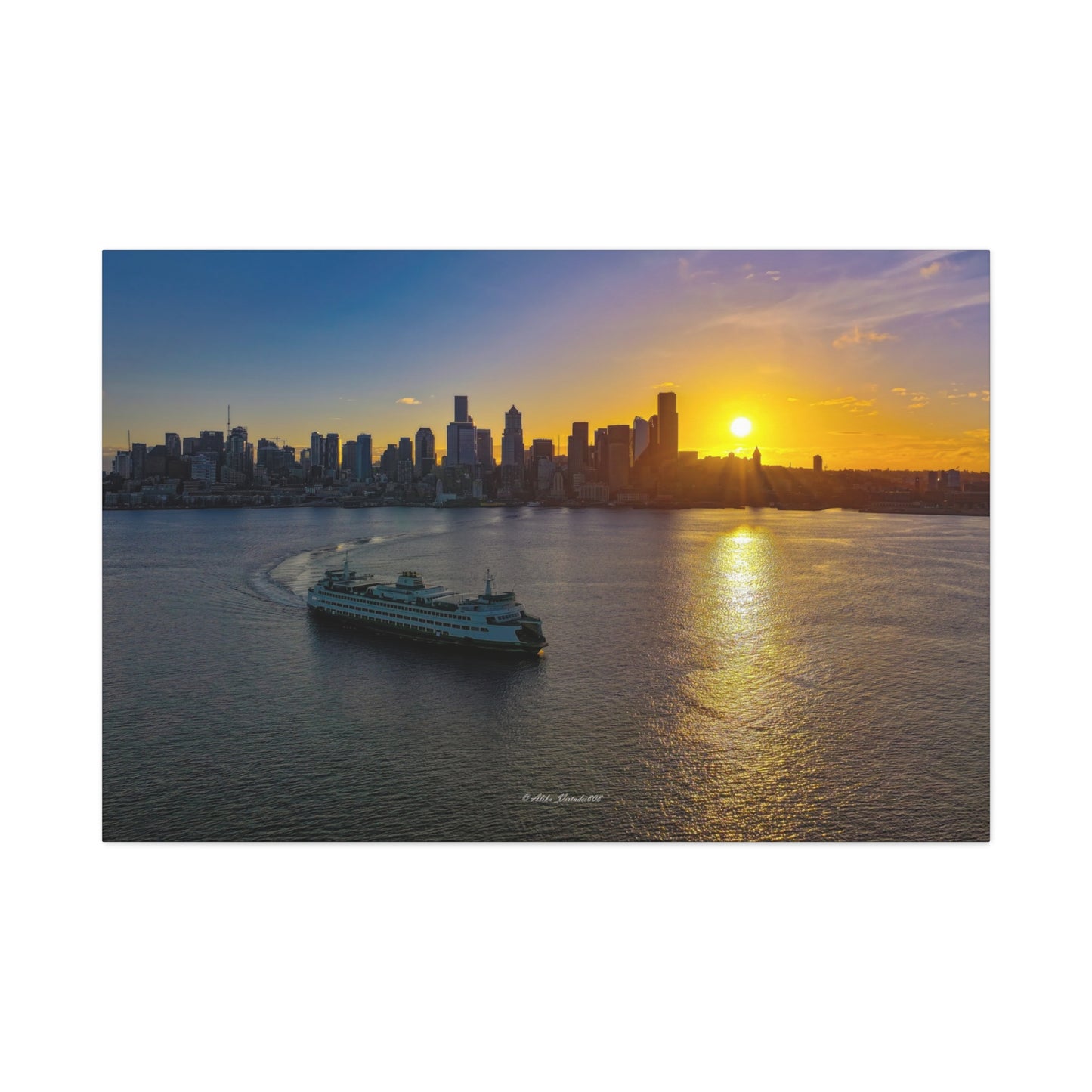 Sunrise Over Downtown Seattle and Seattle Ferry