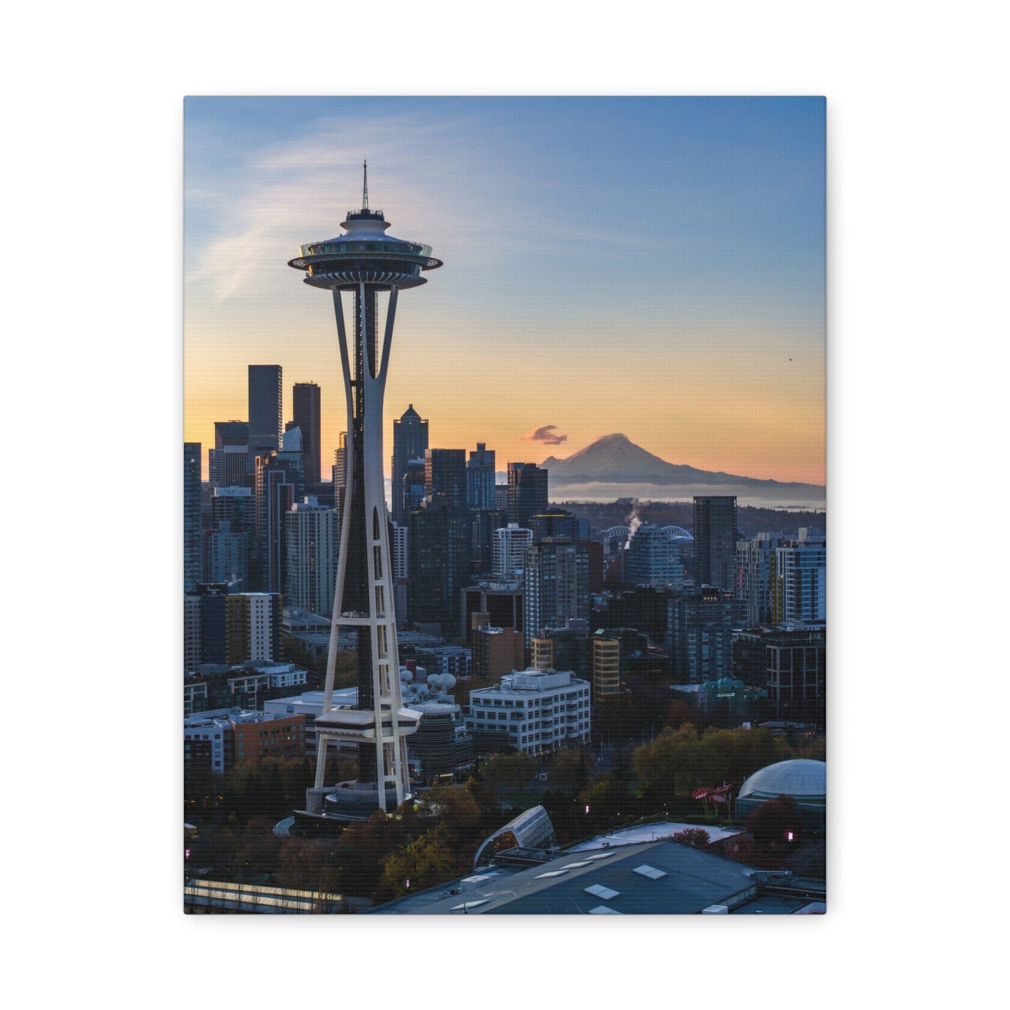 Seattle Space Needle & Mt. Rainier Sunrise Matte Canvas (Stretched 1.25")