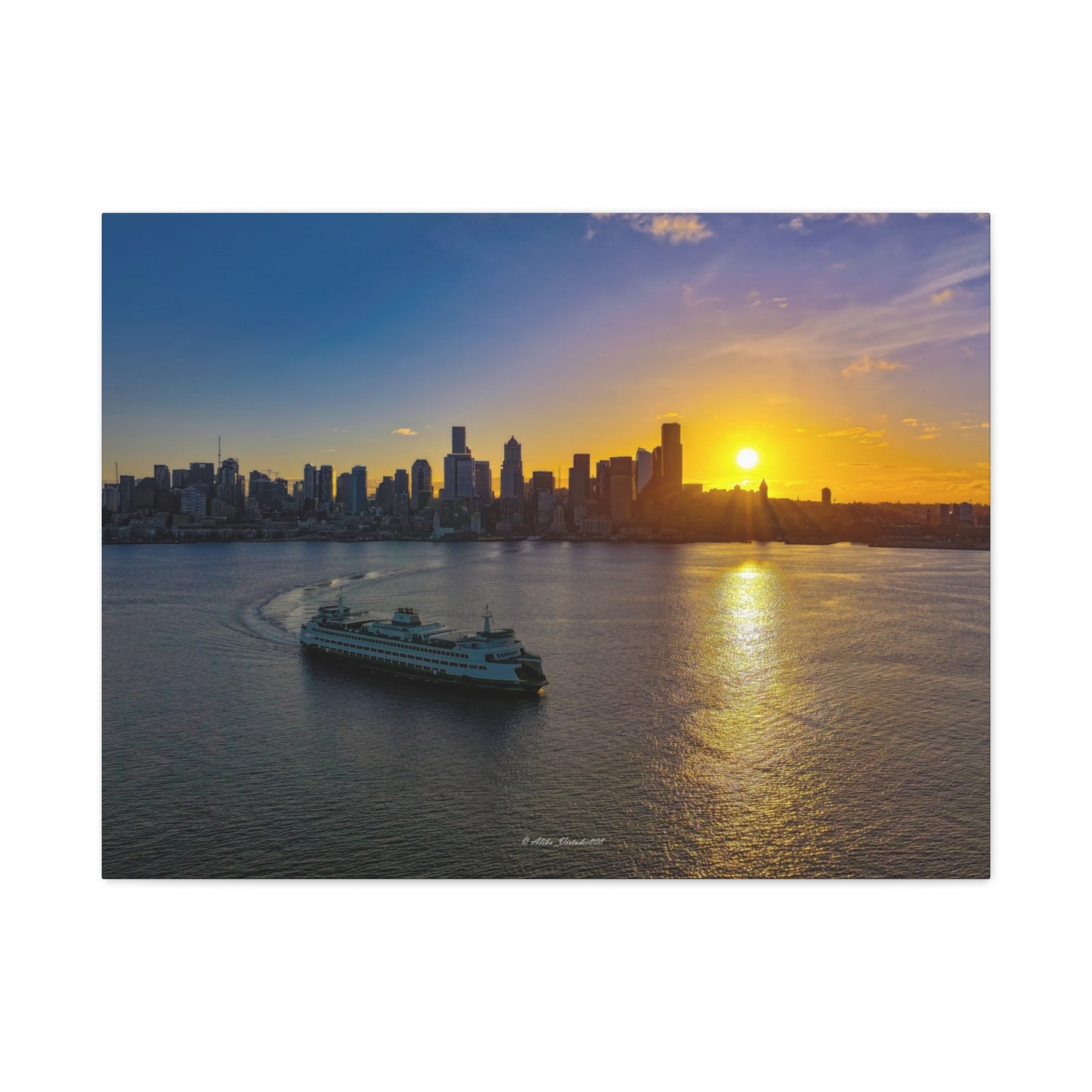 Sunrise Over Downtown Seattle and Seattle Ferry