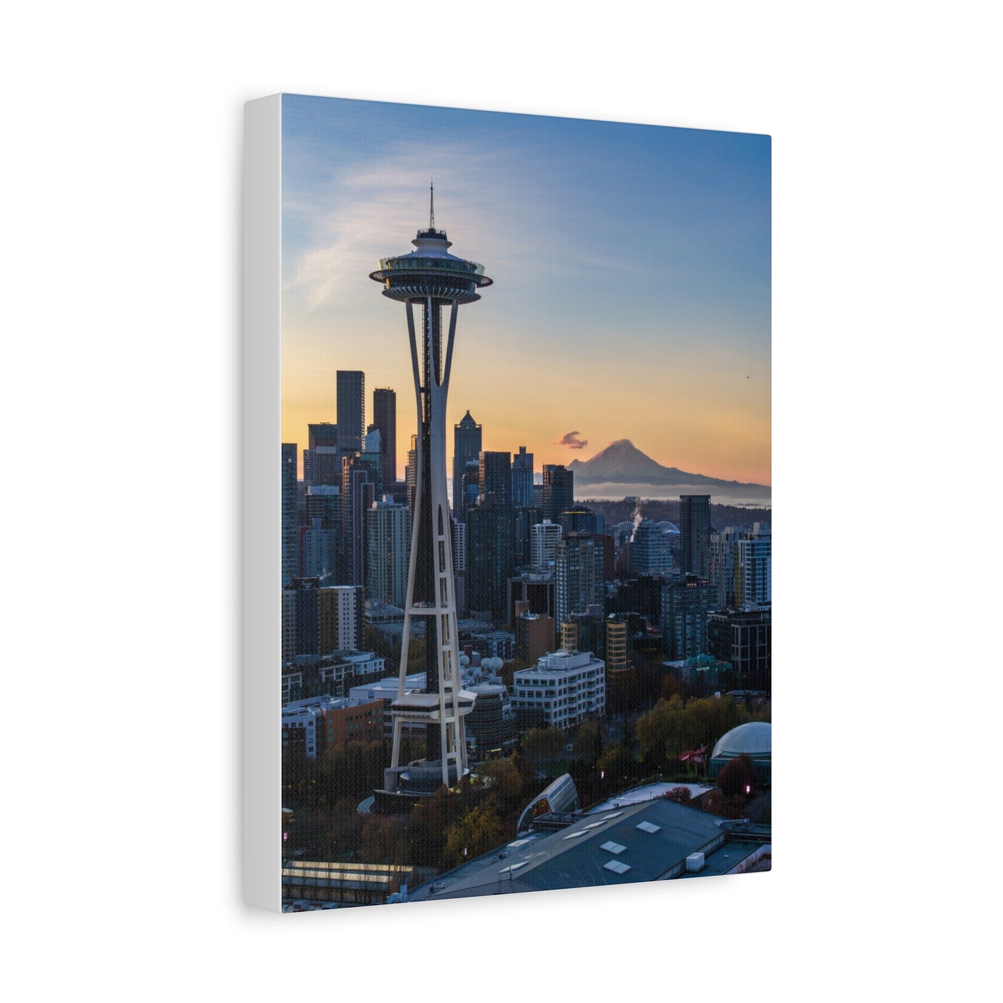 Seattle Space Needle & Mt. Rainier Sunrise Matte Canvas (Stretched 1.25")