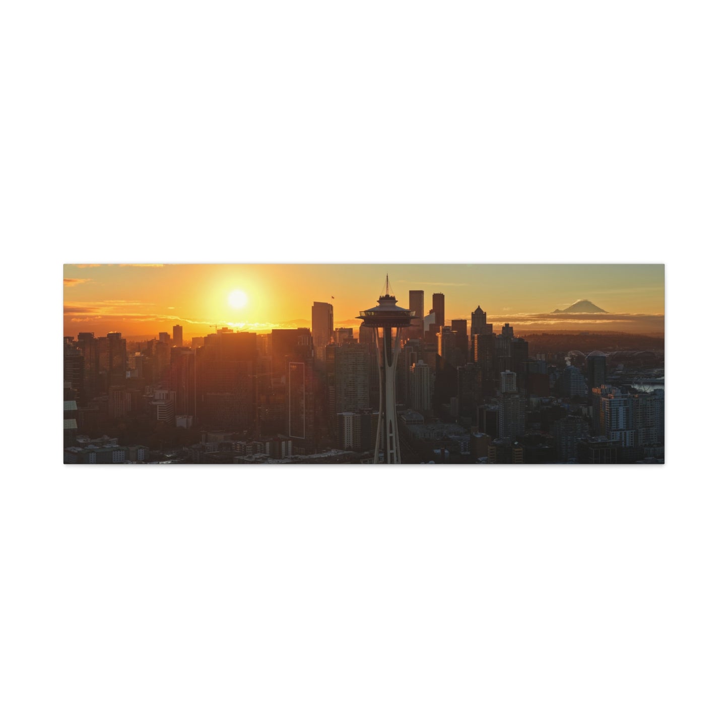 Autumn Sunrise Seattle Canvas Print — Space Needle & Mt. Rainier Matte Stretched