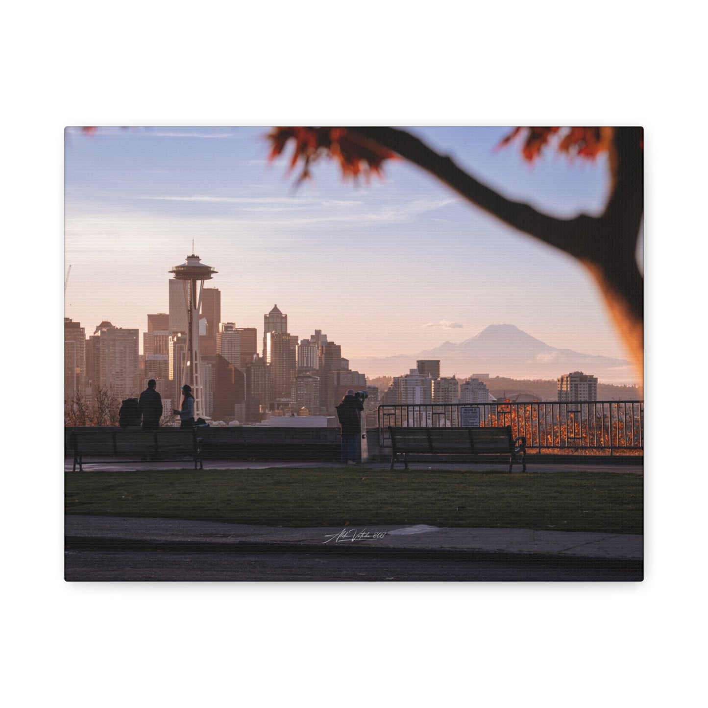 Seattle Cityscape Matte Canvas Print — Kerry Park Fall Golden Glow with Mt. Rainier & Space Needle (Stretched 1.25")