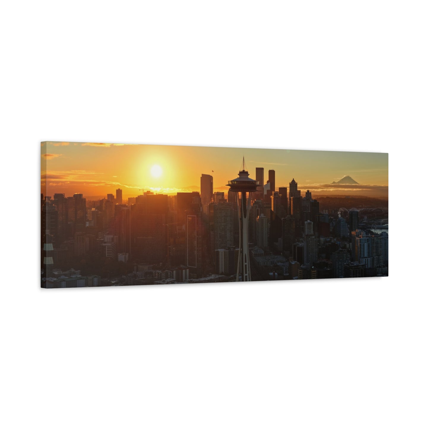 Autumn Sunrise Seattle Canvas Print — Space Needle & Mt. Rainier Matte Stretched
