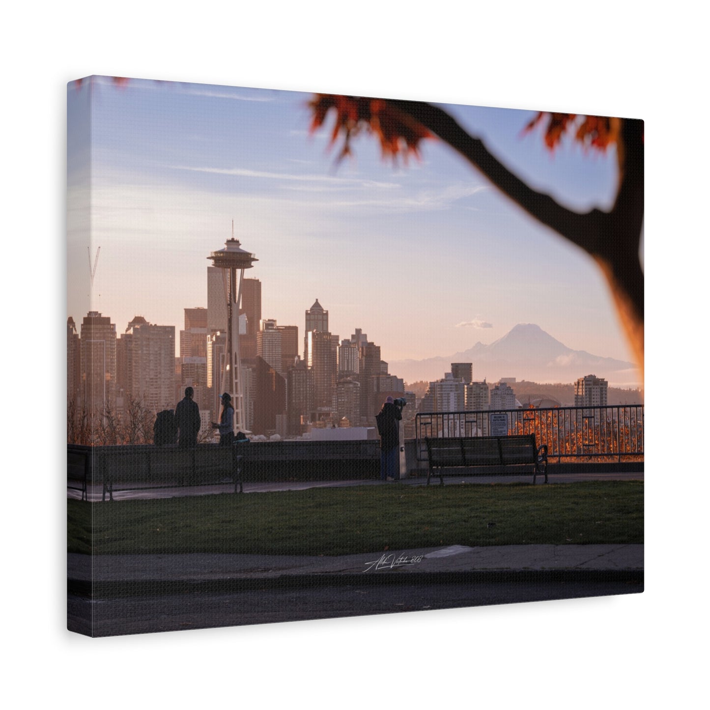 Seattle Cityscape Matte Canvas Print — Kerry Park Fall Golden Glow with Mt. Rainier & Space Needle (Stretched 1.25")