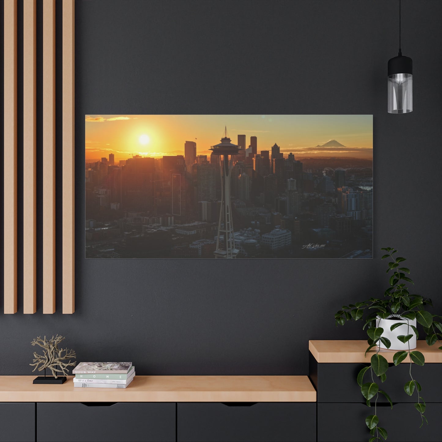 Autumn Sunrise Seattle Canvas Print — Space Needle & Mt. Rainier Matte Stretched