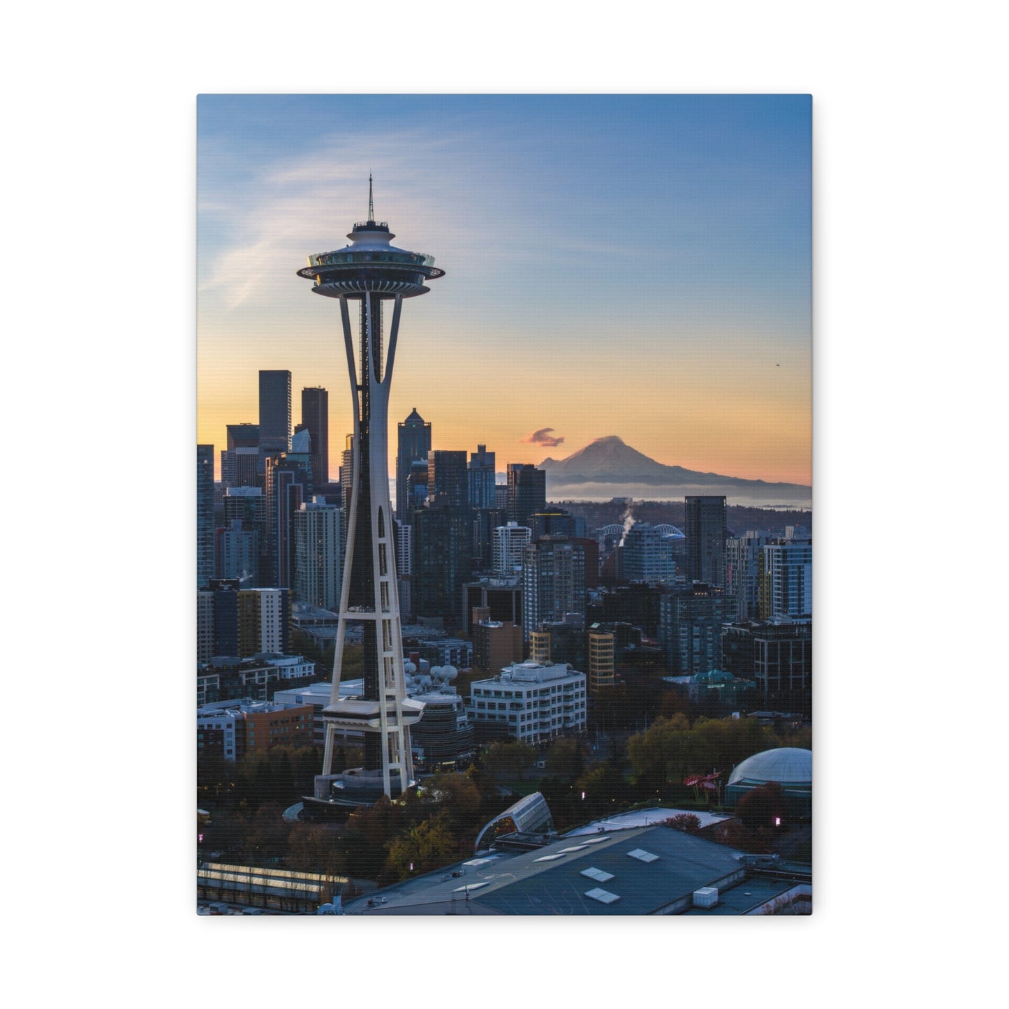 Seattle Space Needle & Mt. Rainier Sunrise Matte Canvas (Stretched 1.25")