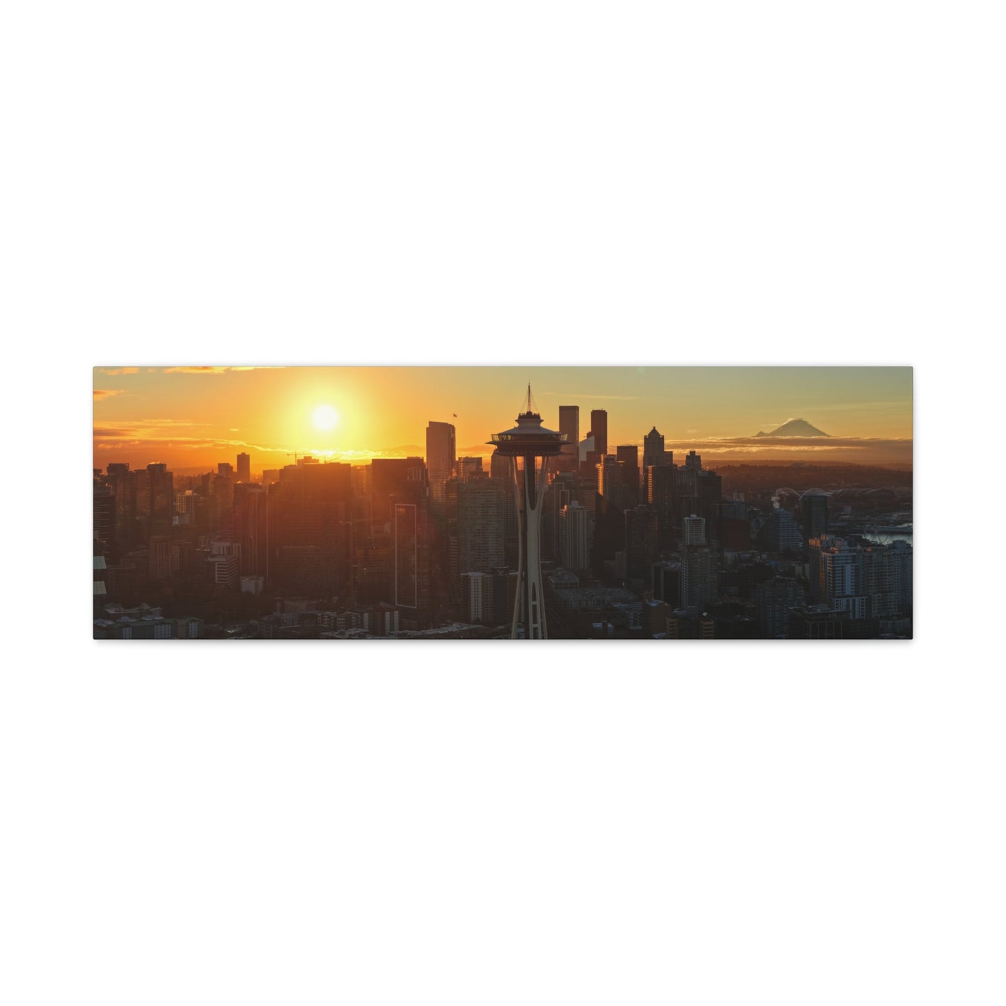 Autumn Sunrise Seattle Canvas Print — Space Needle & Mt. Rainier Matte Stretched
