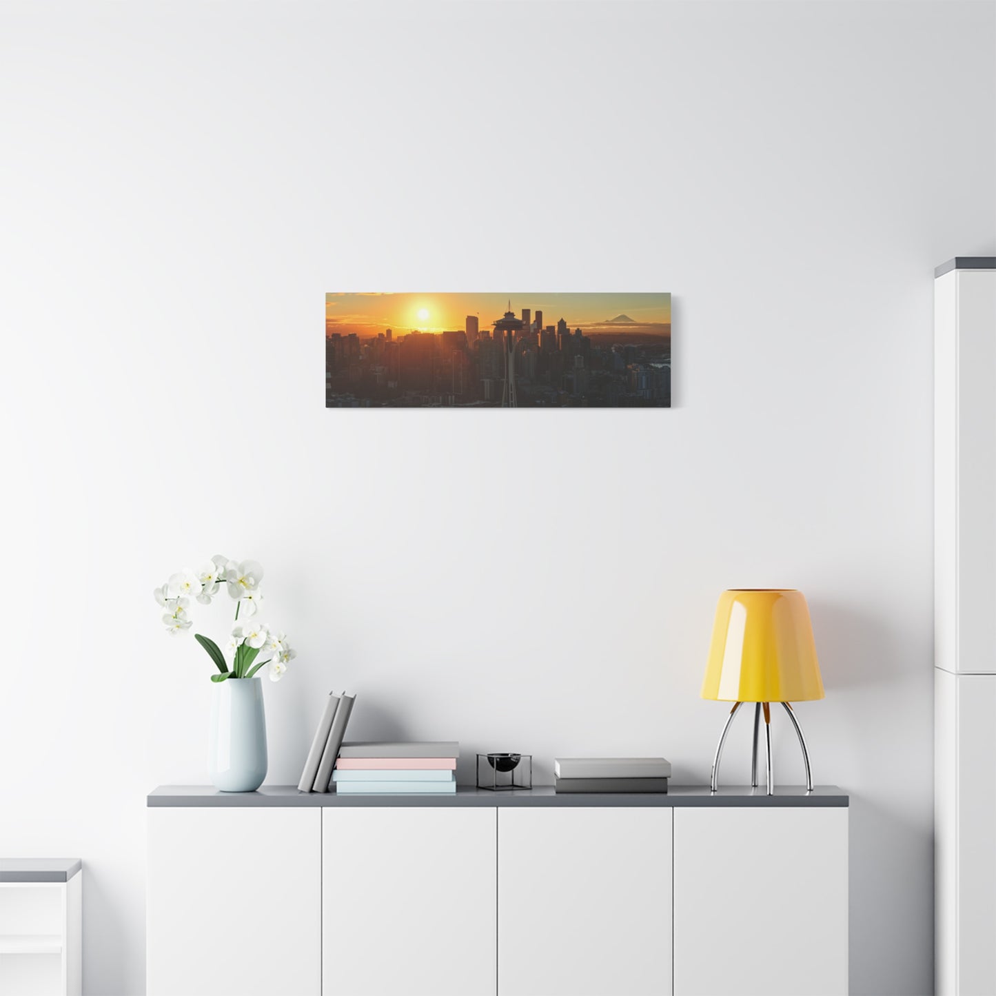 Autumn Sunrise Seattle Canvas Print — Space Needle & Mt. Rainier Matte Stretched
