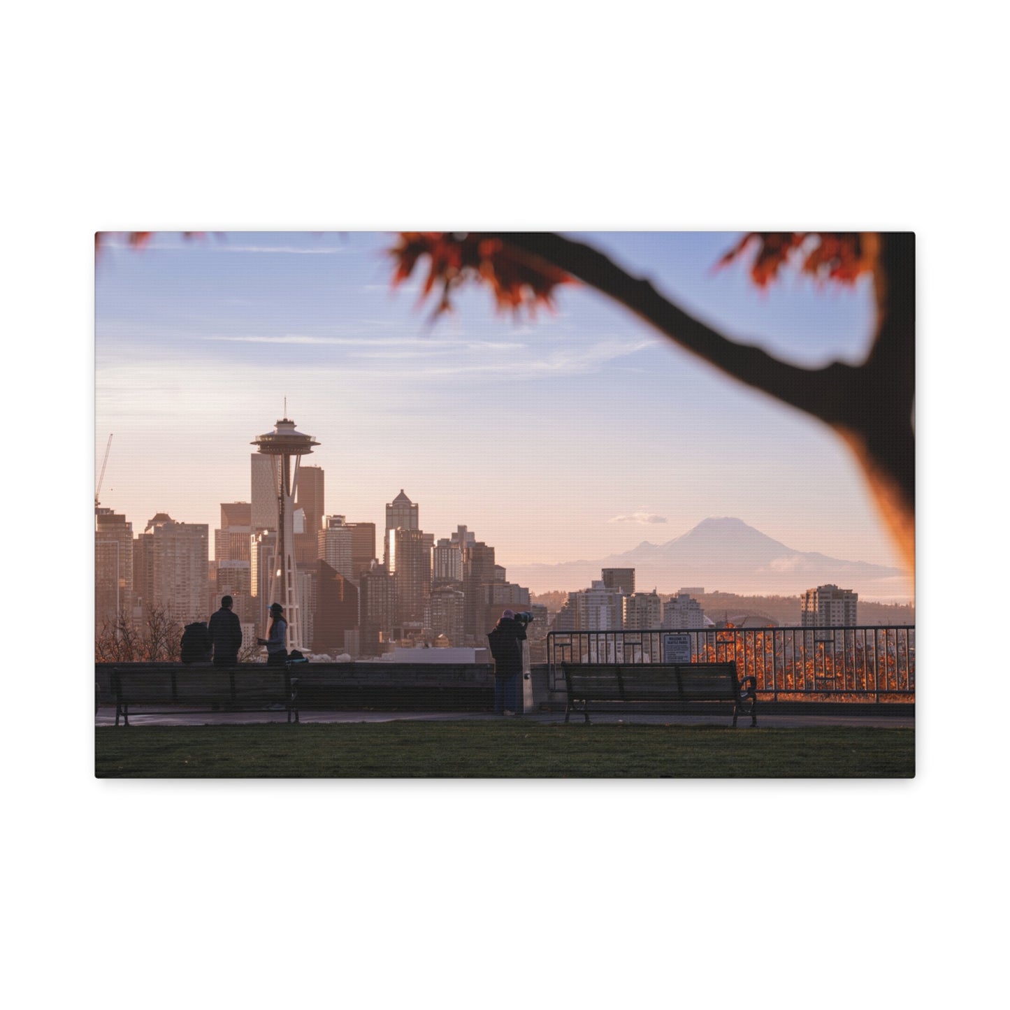 Seattle Cityscape Matte Canvas Print — Kerry Park Fall Golden Glow with Mt. Rainier & Space Needle (Stretched 1.25")