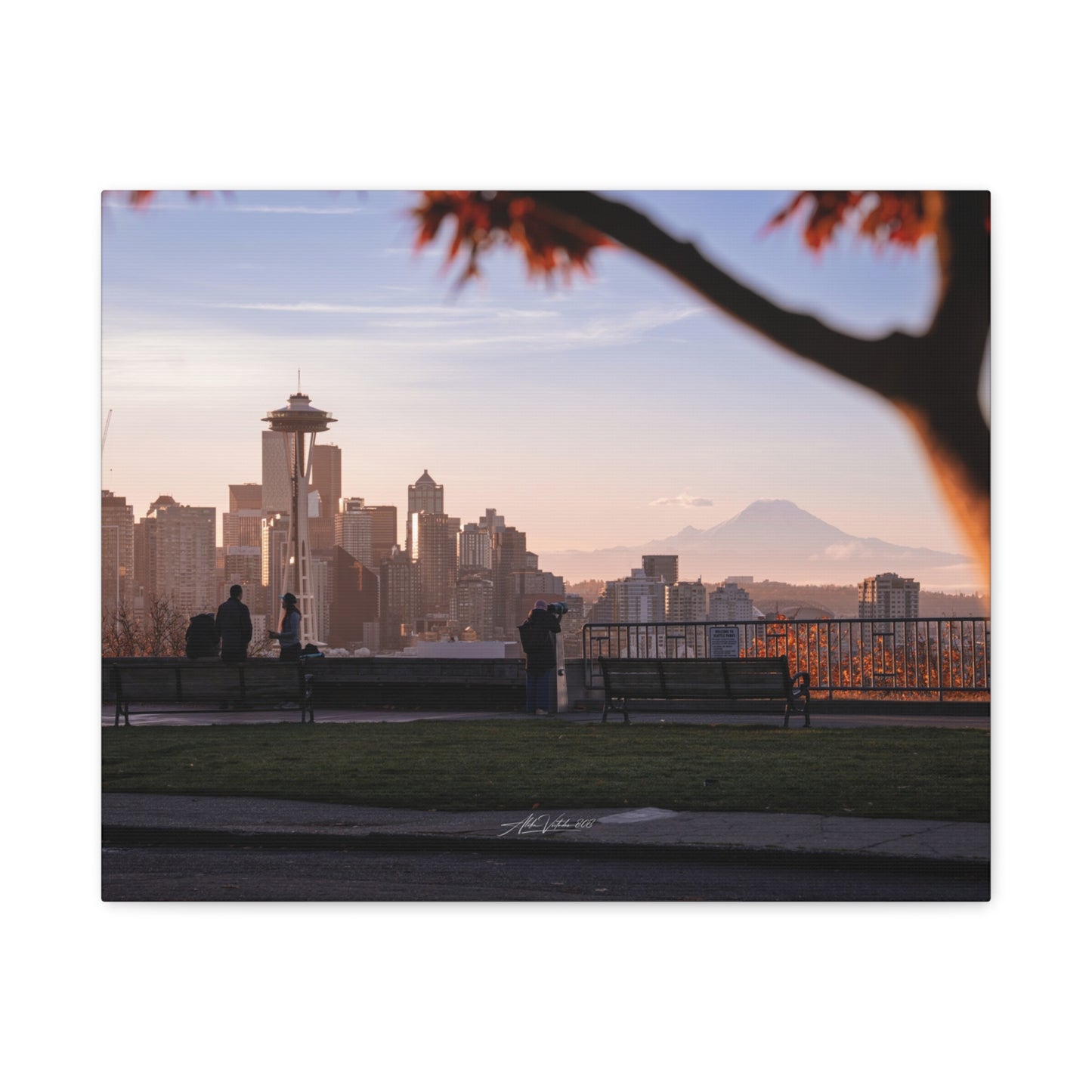 Seattle Cityscape Matte Canvas Print — Kerry Park Fall Golden Glow with Mt. Rainier & Space Needle (Stretched 1.25")