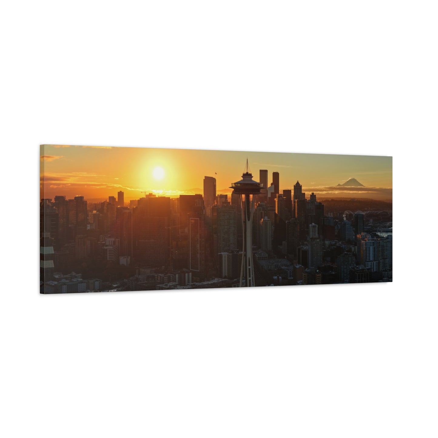 Autumn Sunrise Seattle Canvas Print — Space Needle & Mt. Rainier Matte Stretched