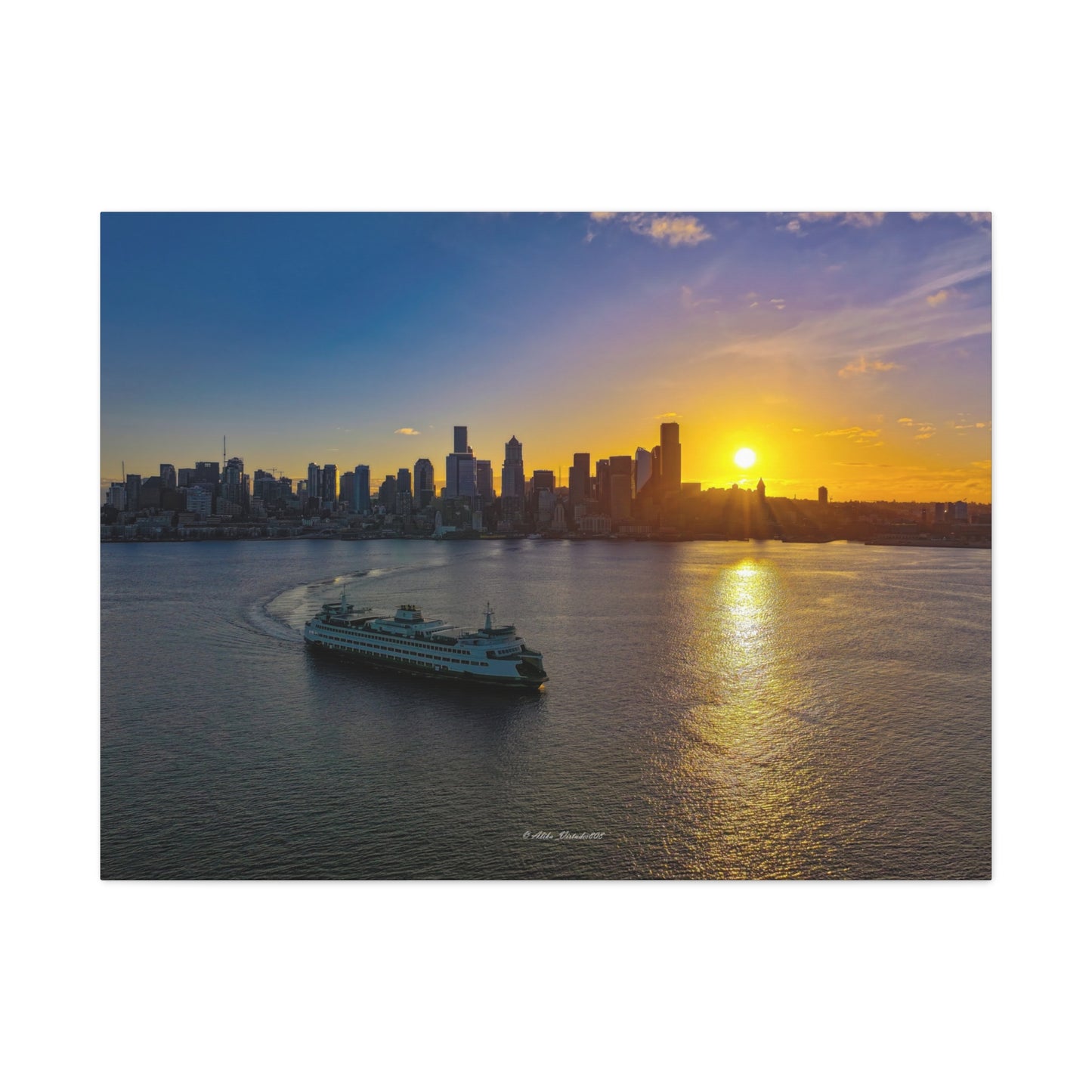 Sunrise Over Downtown Seattle and Seattle Ferry