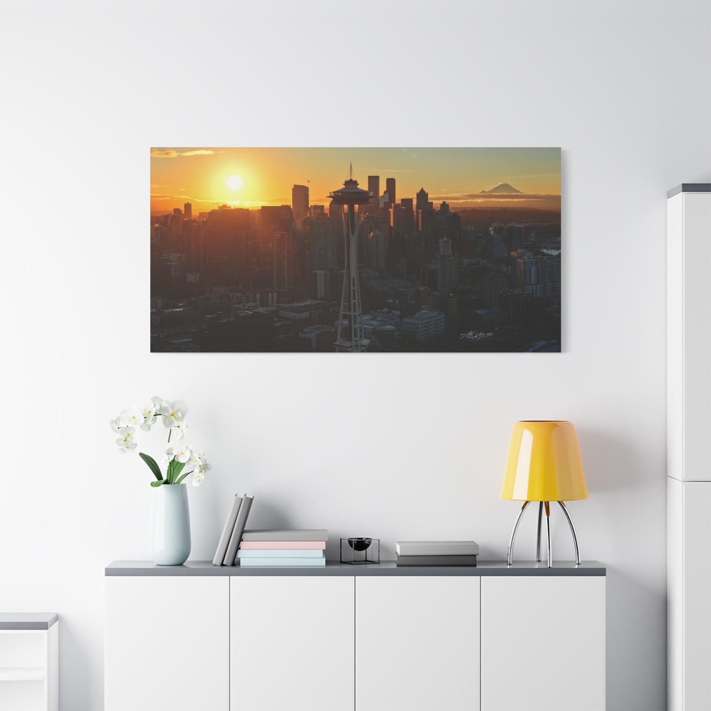 Autumn Sunrise Seattle Canvas Print — Space Needle & Mt. Rainier Matte Stretched