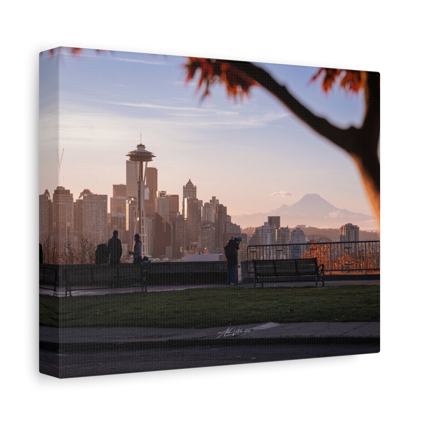 Seattle Cityscape Matte Canvas Print — Kerry Park Fall Golden Glow with Mt. Rainier & Space Needle (Stretched 1.25")