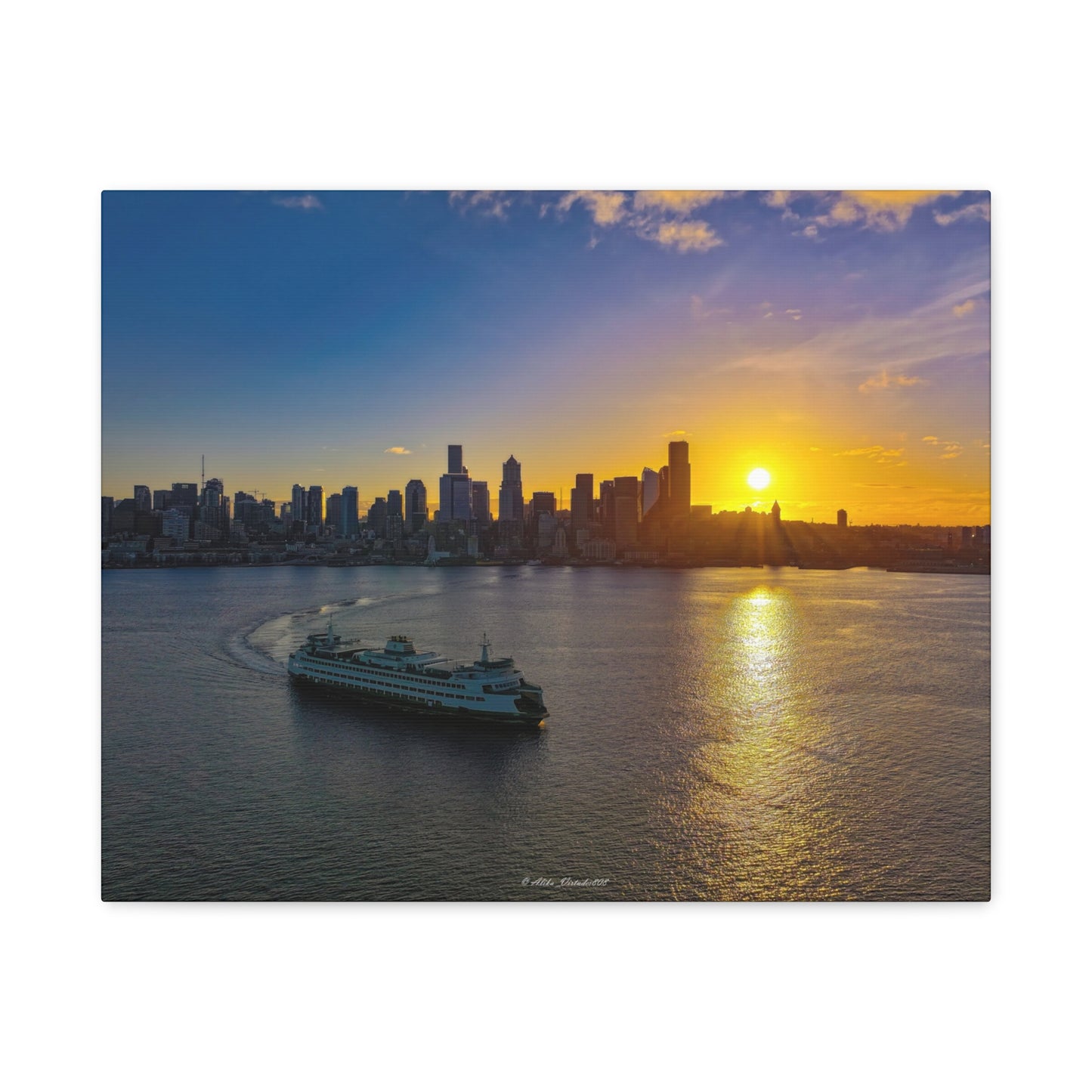 Sunrise Over Downtown Seattle and Seattle Ferry