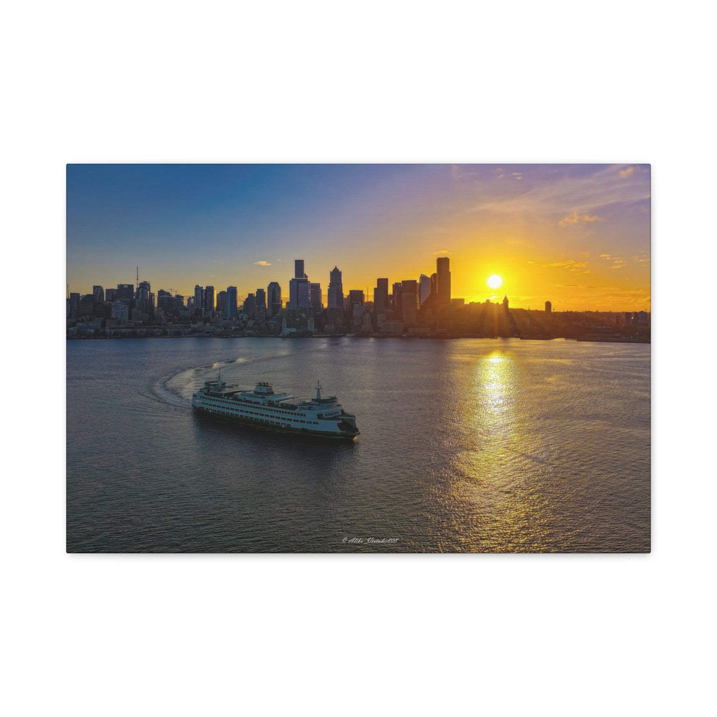 Sunrise Over Downtown Seattle and Seattle Ferry