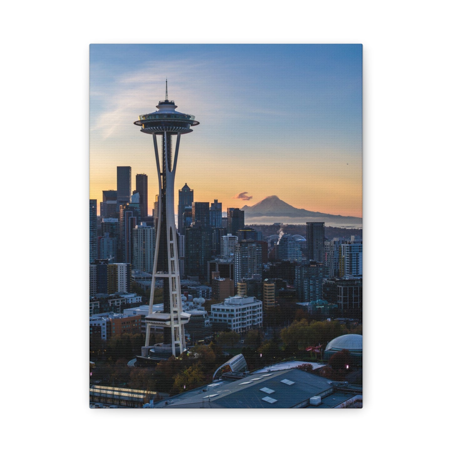 Seattle Space Needle & Mt. Rainier Sunrise Matte Canvas (Stretched 1.25")