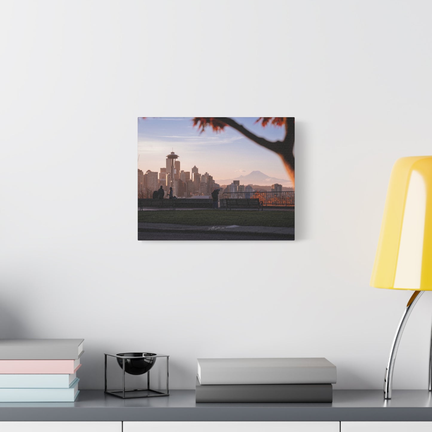 Seattle Cityscape Matte Canvas Print — Kerry Park Fall Golden Glow with Mt. Rainier & Space Needle (Stretched 1.25")