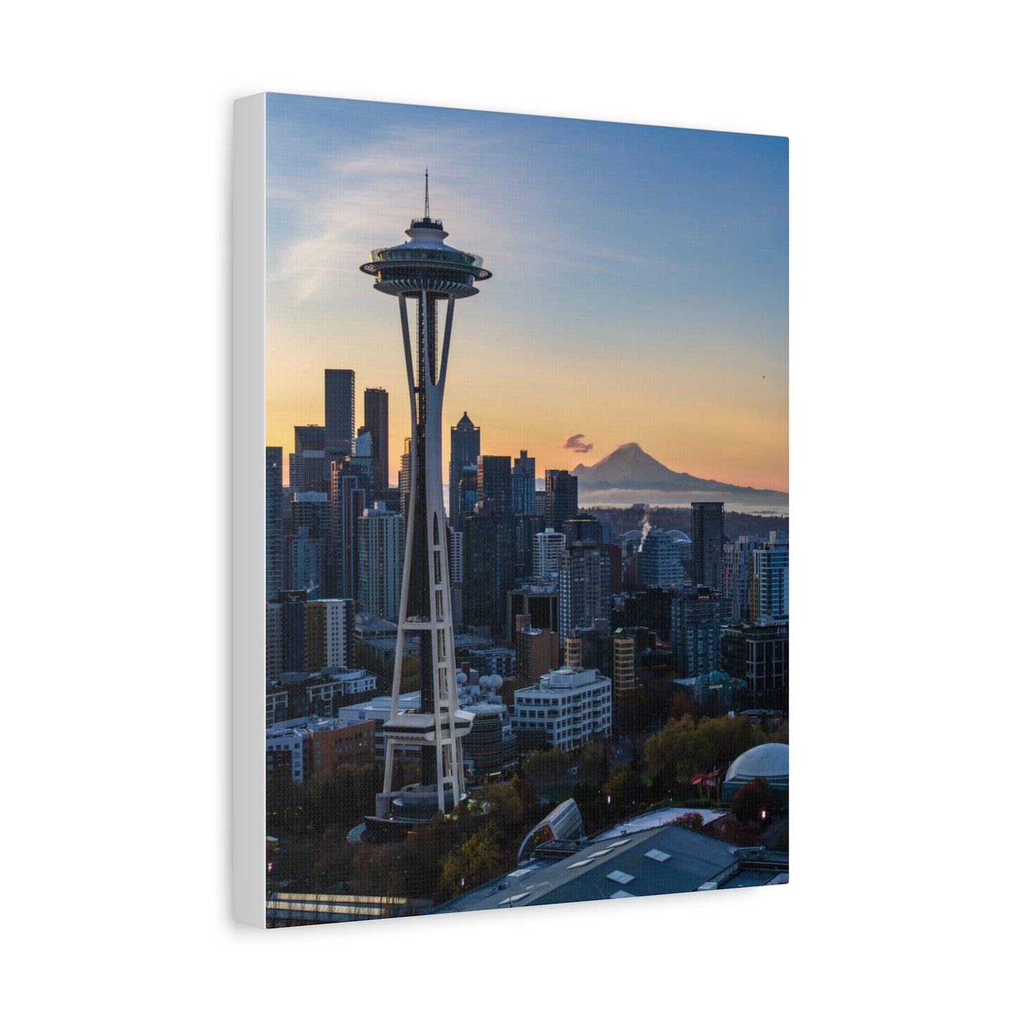 Seattle Space Needle & Mt. Rainier Sunrise Matte Canvas (Stretched 1.25")
