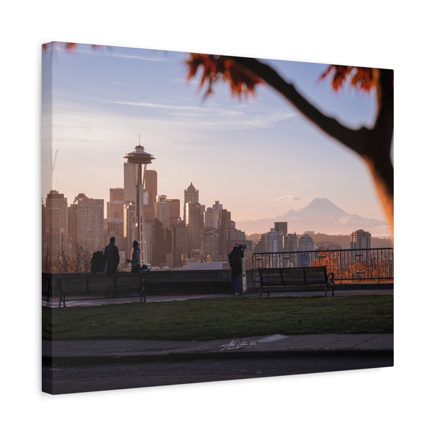 Seattle Cityscape Matte Canvas Print — Kerry Park Fall Golden Glow with Mt. Rainier & Space Needle (Stretched 1.25")