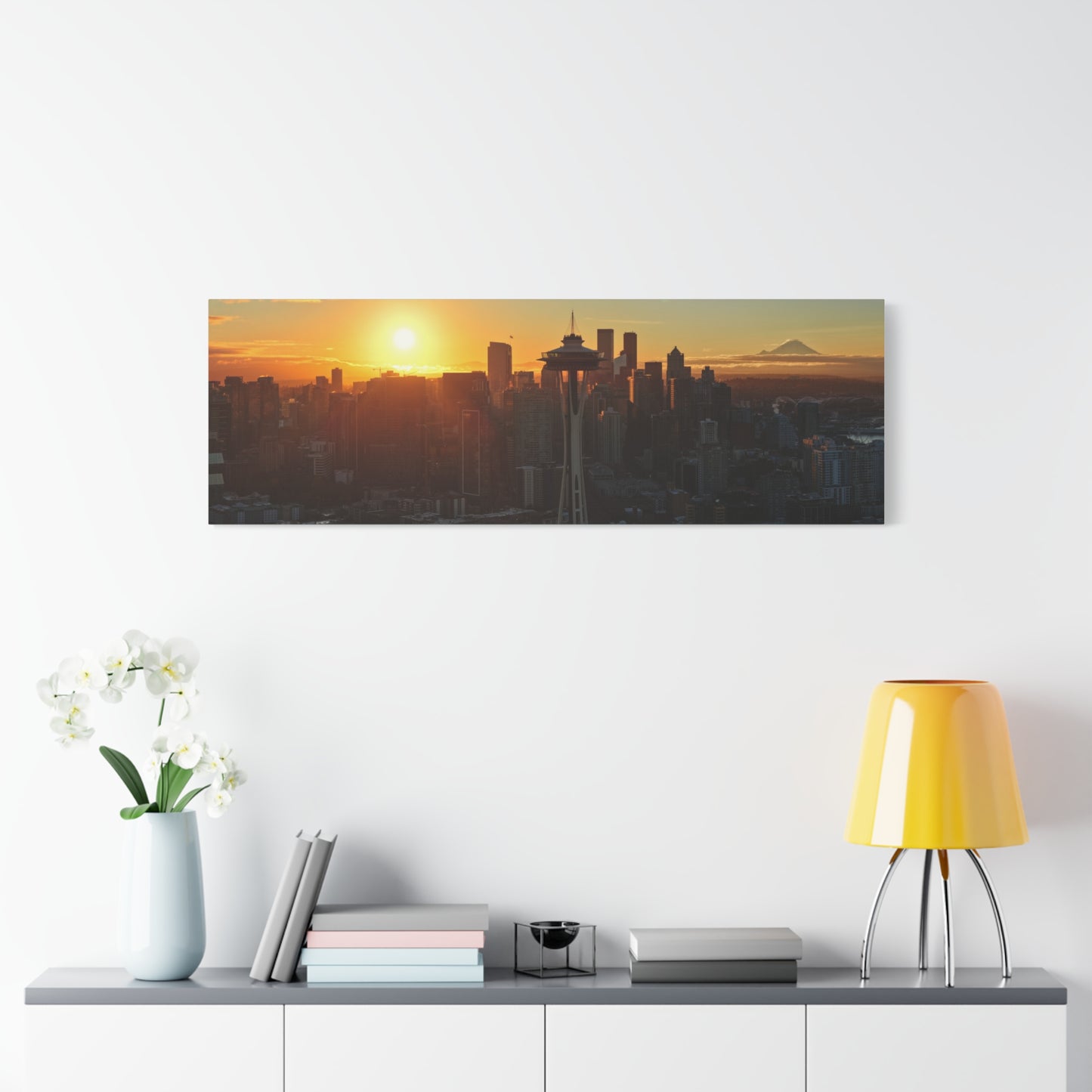 Autumn Sunrise Seattle Canvas Print — Space Needle & Mt. Rainier Matte Stretched