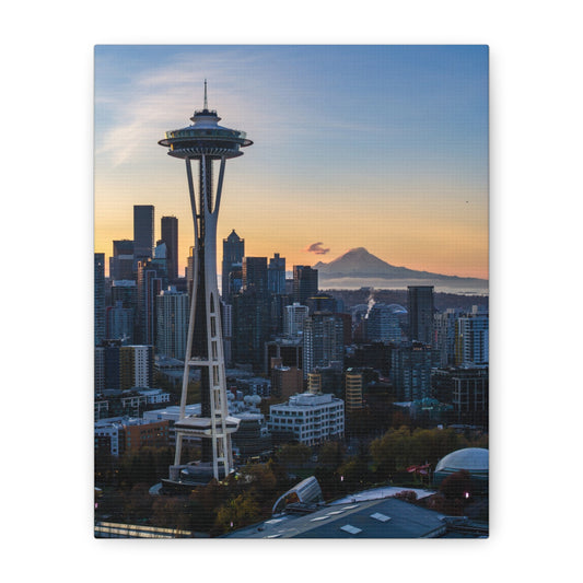 Seattle Space Needle & Mt. Rainier Sunrise Matte Canvas (Stretched 1.25")