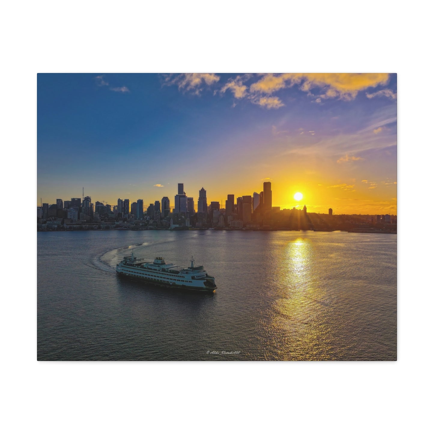 Sunrise Over Downtown Seattle and Seattle Ferry