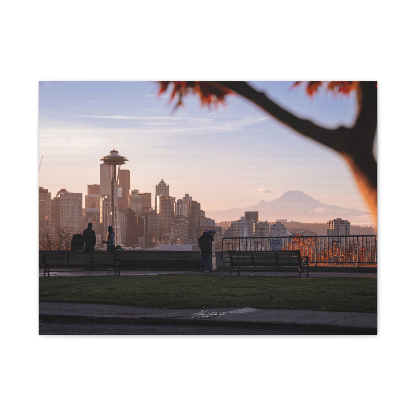 Seattle Cityscape Matte Canvas Print — Kerry Park Fall Golden Glow with Mt. Rainier & Space Needle (Stretched 1.25")