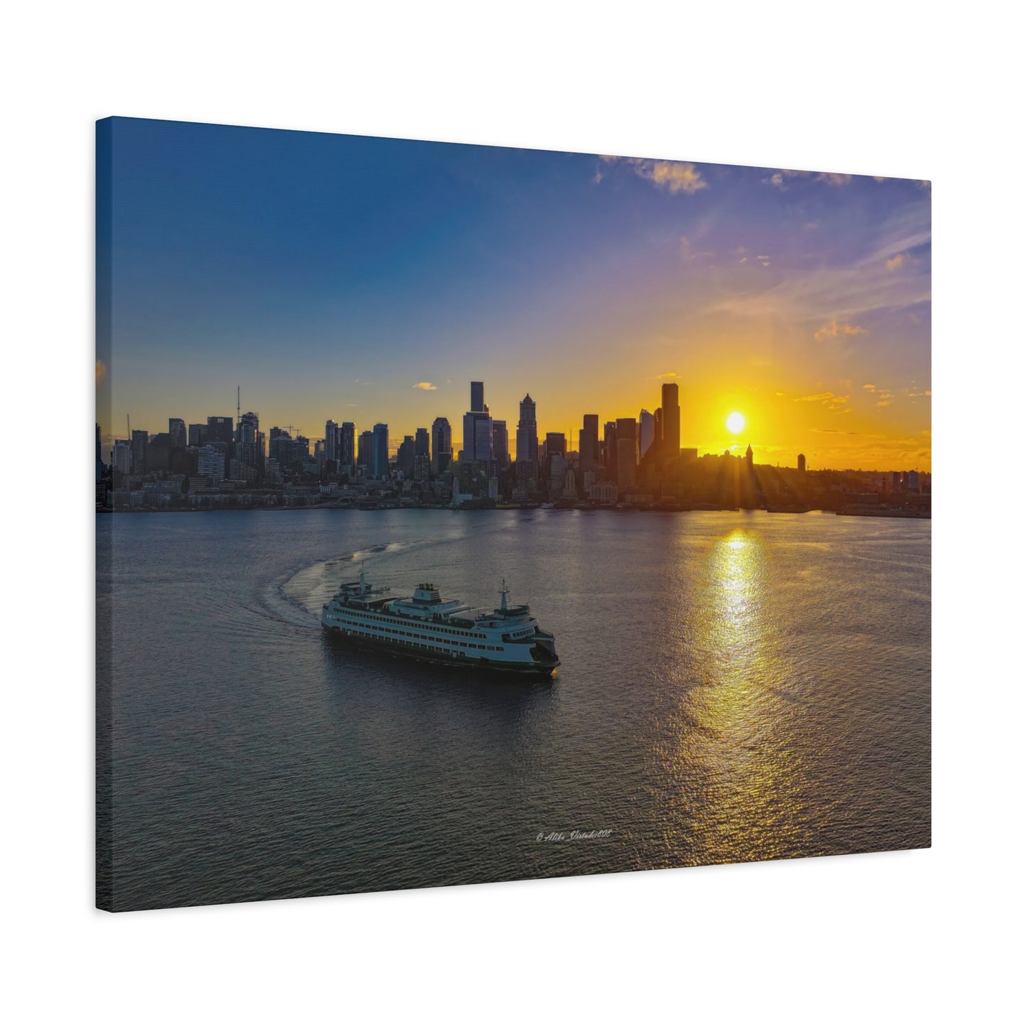 Sunrise Over Downtown Seattle and Seattle Ferry
