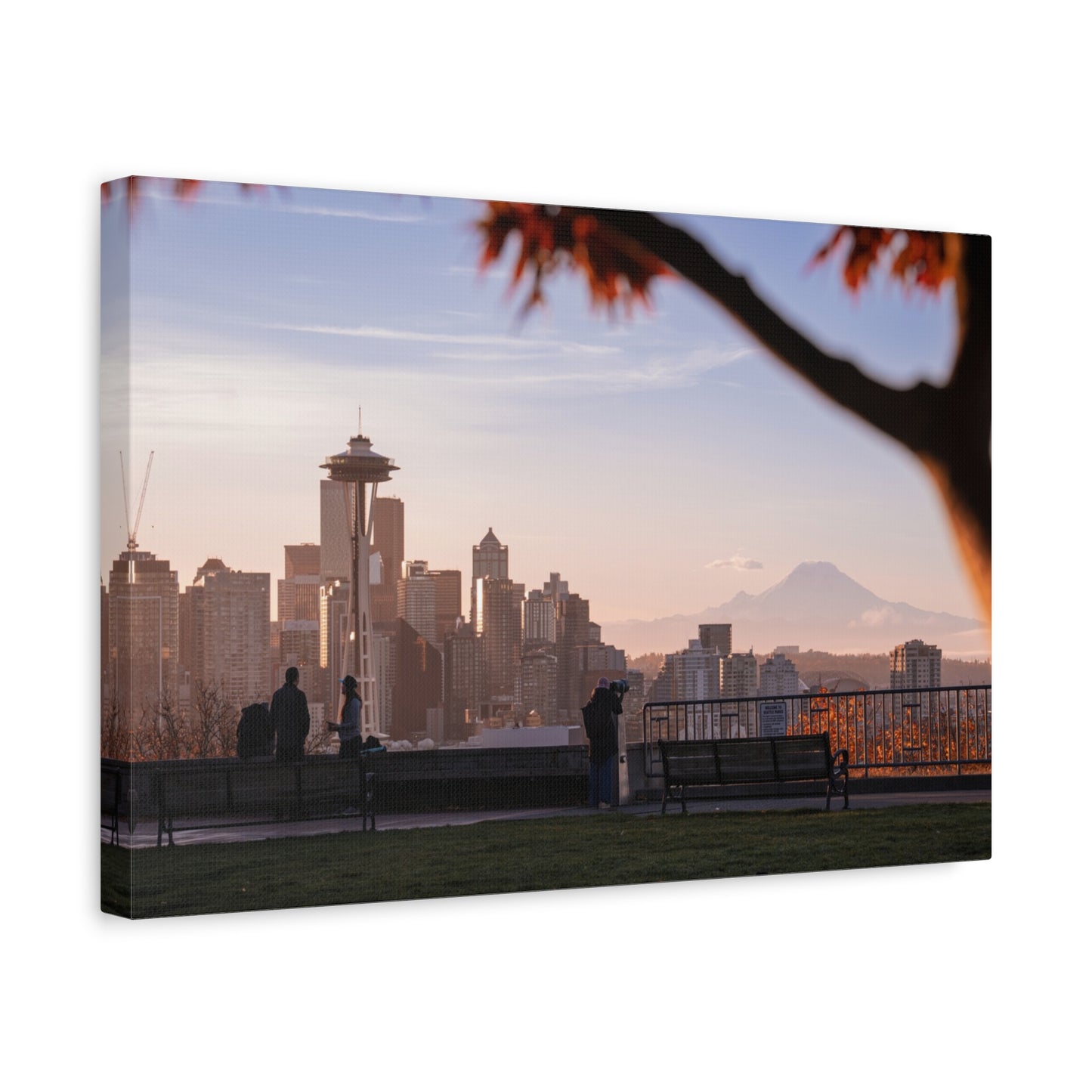 Seattle Cityscape Matte Canvas Print — Kerry Park Fall Golden Glow with Mt. Rainier & Space Needle (Stretched 1.25")