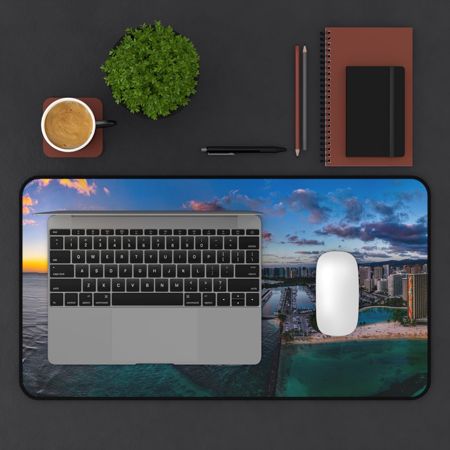 Panoramic View of Waikiki Sunset Desk Mat