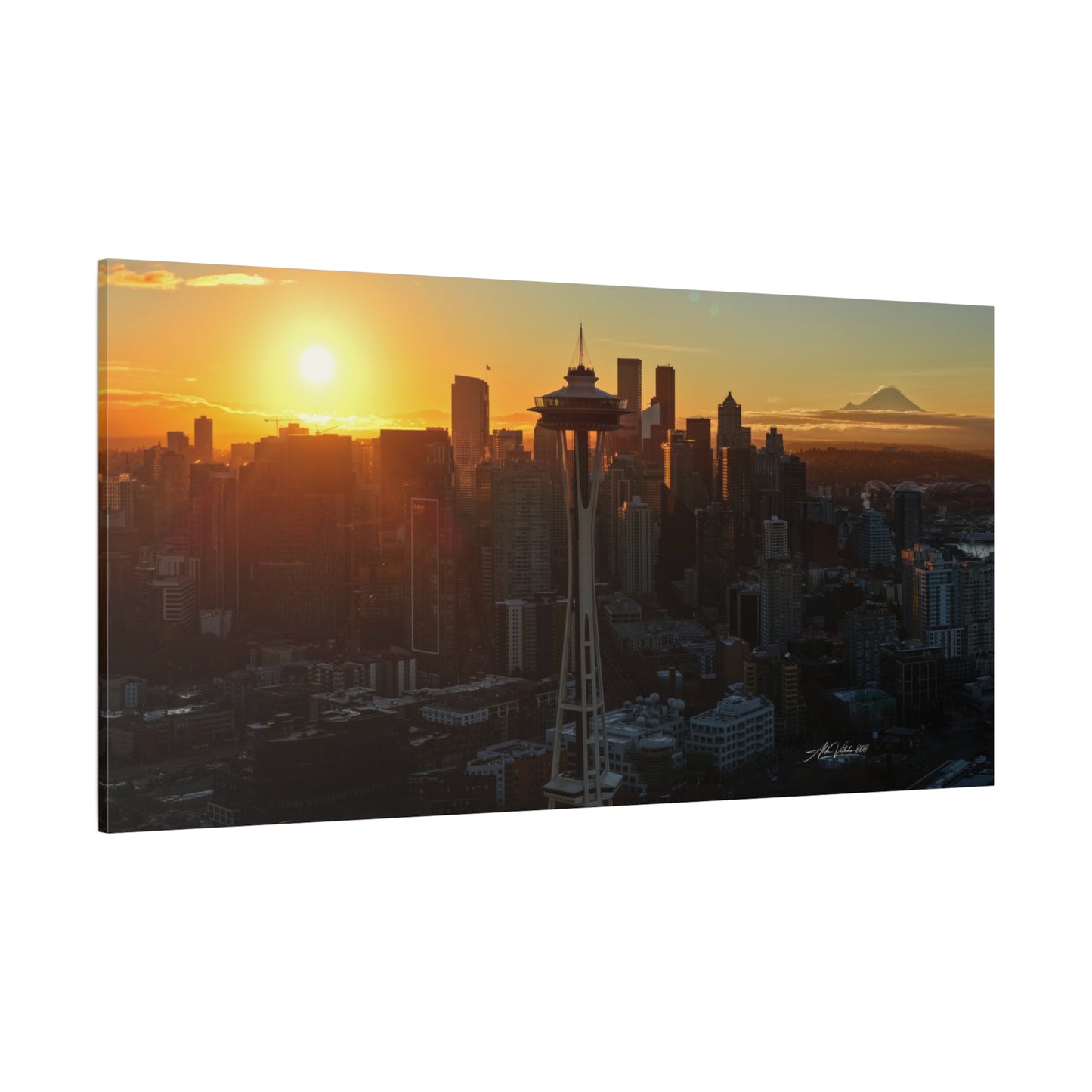 Autumn Sunrise Seattle Canvas Print — Space Needle & Mt. Rainier Matte Stretched