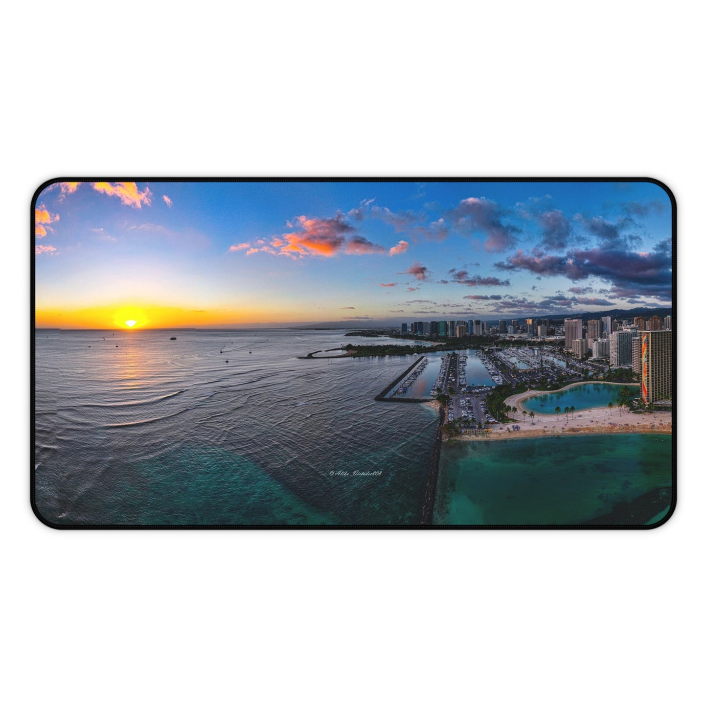 Panoramic View of Waikiki Sunset Desk Mat